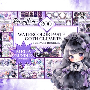 Watercolor Pastel Goth Clipart Mega Bundle, Kawaii Pastel Goth Clipart, Creepy Cute Clipart, Fantasy Clipart, Pastel Goth PNG, Big Bundle