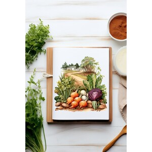 May include: A watercolor painting of a rural scene with a dirt road leading to a farmhouse. The painting is surrounded by a variety of vegetables, including carrots, turnips, and a purple cabbage.