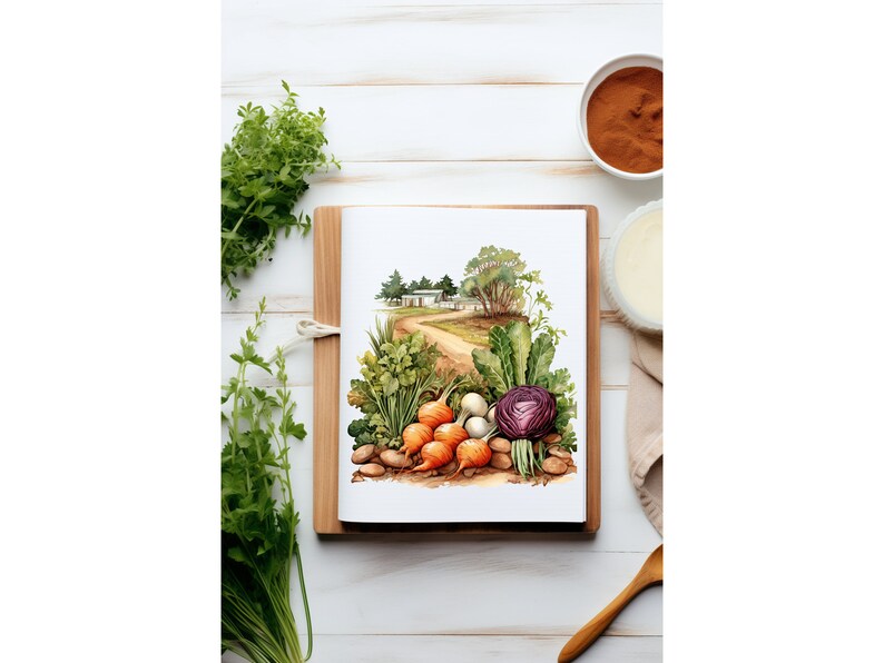 May include: A watercolor painting of a rural scene with a dirt road leading to a farmhouse. The painting is surrounded by a variety of vegetables, including carrots, turnips, and a purple cabbage.
