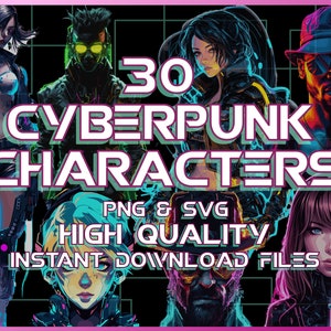 30 portraits futuristes de personnages Cyberpunk, graphique vectoriel PNG SVG, conceptions graphiques de science-fiction, personnages cyborg, thème spatial, pack clipart
