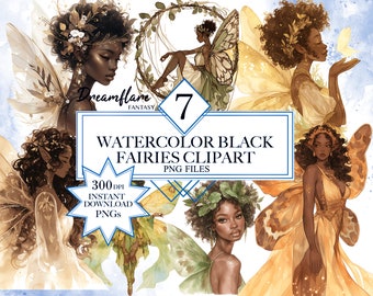 Pacote de clipart de fadas pretas em aquarela, fada PNG, mulher negra PNG, fada Cottagecore, fantasia PNG, arquivo digital para impressão, uso comercial