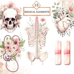 May include: 15 Watercolor illustrations of medical elements, including a skull, heart, skeleton, stethoscope, and bandages, all adorned with delicate pink and white flowers.