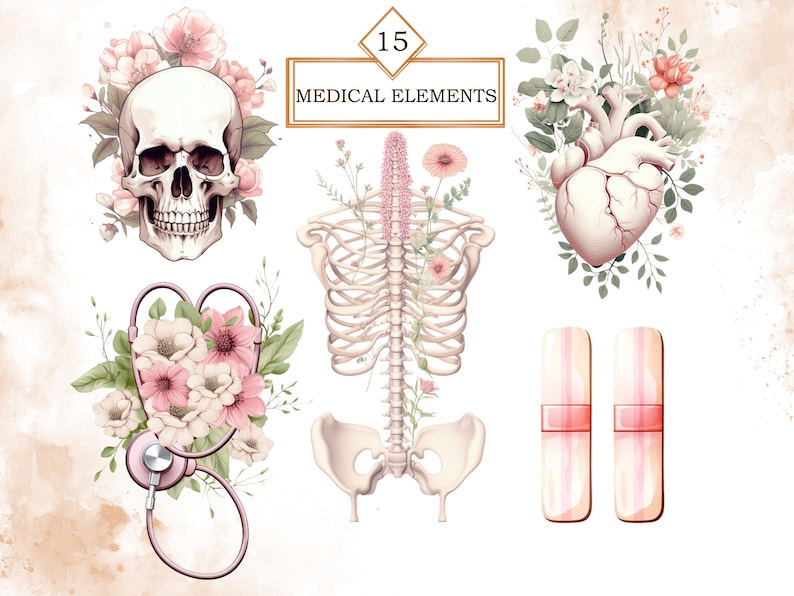 May include: 15 Watercolor illustrations of medical elements, including a skull, heart, skeleton, stethoscope, and bandages, all adorned with delicate pink and white flowers.