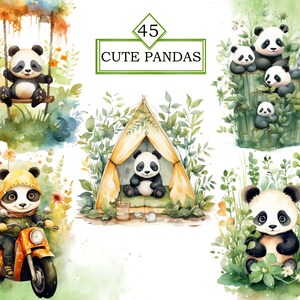 May include: A set of 45 digital illustrations featuring cute pandas in various settings. The illustrations include pandas on a swing, in a tent, riding a motorcycle, and in a bamboo forest. The illustrations are painted in a watercolor style with a whimsical and playful feel.