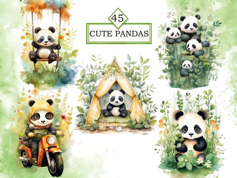 May include: A set of 45 digital illustrations featuring cute pandas in various settings. The illustrations include pandas on a swing, in a tent, riding a motorcycle, and in a bamboo forest. The illustrations are painted in a watercolor style with a whimsical and playful feel.