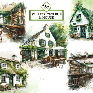 Pu&ograve; includere: Un'illustrazione ad acquerello di un pub irlandese tradizionale chiamato "St. Patrick's Pub & House". L'illustrazione mostra l'esterno e l'interno del pub, con accenti verdi ed edera che cresce sui muri.
