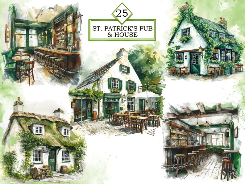 Pu&ograve; includere: Un'illustrazione ad acquerello di un pub irlandese tradizionale chiamato "St. Patrick's Pub & House". L'illustrazione mostra l'esterno e l'interno del pub, con accenti verdi ed edera che cresce sui muri.