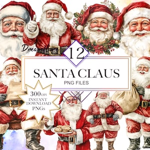 Aquarelle Santa Clipart Bundle, Festive Santa Claus Clipart Christmas Clipart Holiday Art pour la fabrication de cartes, téléchargement numérique, utilisation commerciale