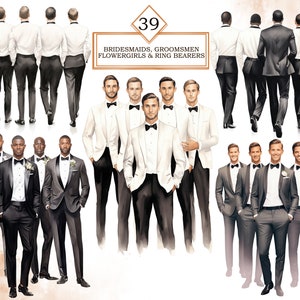 May include: A digital illustration of 39 groomsmen, bridesmaids, flower girls, and ring bearers. The groomsmen are wearing black suits, white shirts, and black bow ties. The bridesmaids are wearing white dresses. The flower girls are wearing white dresses with floral headbands. The ring bearers are wearing white shirts and black pants.