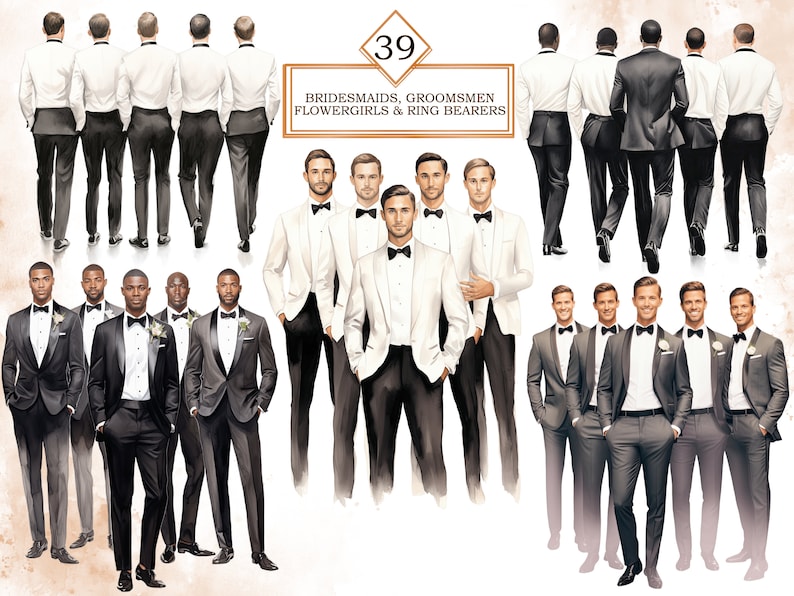 May include: A digital illustration of 39 groomsmen, bridesmaids, flower girls, and ring bearers. The groomsmen are wearing black suits, white shirts, and black bow ties. The bridesmaids are wearing white dresses. The flower girls are wearing white dresses with floral headbands. The ring bearers are wearing white shirts and black pants.