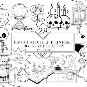 Kawaii Witch Life Lineart PNG Bundle, Cute Witch Clipart Bundle, Digital Stamp, Lineart Clipart, Digital Printable File, Commercial Use