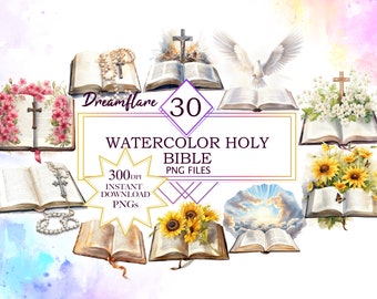 Watercolor Holy Bible Clipart, Christian Clipart, Catholic Clipart, Religious PNG, Journal, Scrapbooking, Digital Download, Commercial Use