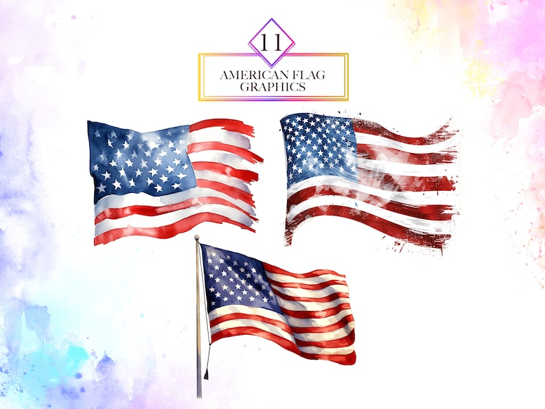 Watercolor American Flag PNG Bundle, 4th of July Clipart, Independence ...