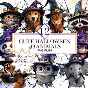 Paquete PNG de animales magos lindos de estilo 3D, imágenes prediseñadas de animales lindos, impresión 3D de Halloween, diseño de sublimación, descarga digital, uso comercial