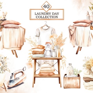 May include: A watercolor illustration of a laundry day collection with 40 different elements. The illustration includes a variety of items, such as clothes, laundry baskets, ironing boards, irons, and cleaning supplies. The illustration is done in a soft, muted color palette, with a focus on natural textures and materials.