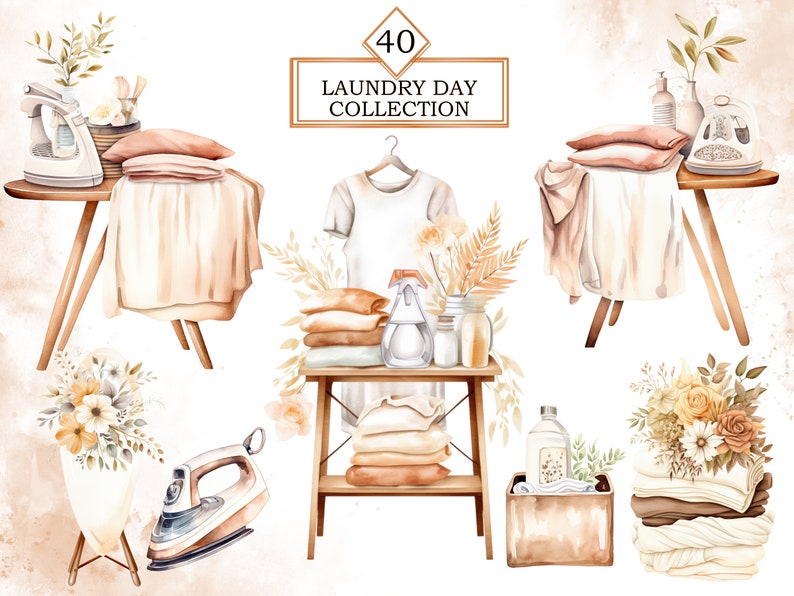 May include: A watercolor illustration of a laundry day collection with 40 different elements. The illustration includes a variety of items, such as clothes, laundry baskets, ironing boards, irons, and cleaning supplies. The illustration is done in a soft, muted color palette, with a focus on natural textures and materials.