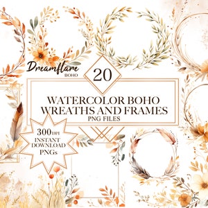 Watercolor Boho Wreaths And Frames Clipart Bundle, Boho Floral Wreath PNG, Boho Frames PNG, Boho Printable Card Designs, Commercial Use