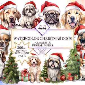 Pacchetto di clipart per cani di Natale ad acquerello, PNG di Natale per cani, Animali natalizi, Razze di cani, Animali domestici di Natale, Ritratti di cani, Documenti digitali