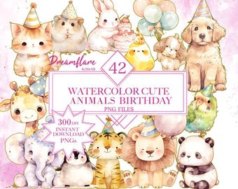 Pode incluir: Um conjunto de 42 ilustrações de aquarela de animais fofinhos, perfeitas para cartões de aniversário ou decorações de festa. As ilustrações incluem uma girafa, um pinguim, um tigre, um leão, um panda, um coelho, um hamster, um gato, um cachorro e um pássaro. As ilustrações são todas em um estilo de desenho animado fofo e são perfeitas para adicionar um toque de fantasia a qualquer projeto.