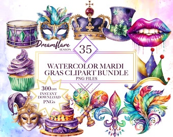 Watercolor Mardi Gras Clipart Bundle, Mardi Gras PNG Bundle, Mardi Gras Mask, Carnival Tuesday, Holiday Season PNG, Commercial Use