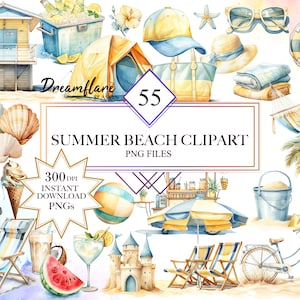 Watercolor Summer Beach Clipart Bundle, Beach Holiday PNGs, Summer Season Art, Tropical Digital Files, Summer Vacation, Printable Files