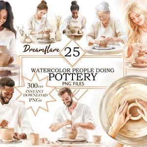 May include: A set of 25 watercolor illustrations of people making pottery. The illustrations are in a variety of poses and show the process of making pottery from start to finish. The illustrations are perfect for use in craft projects, scrapbooking, or as digital clipart.