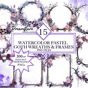 Watercolor Pastel Goth Wreaths & Frames PNG Bundle, Pastel Goth Clipart, Occult Wreaths PNG, Occult Frames PNG, Gothic Card Designs
