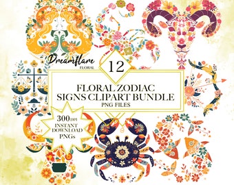 Watercolor Floral Zodiac Sign Clipart PNG, Horoscope Clipart, Floral Celestial Clipart, Watercolor Floral PNG, Digital File, Commercial Use