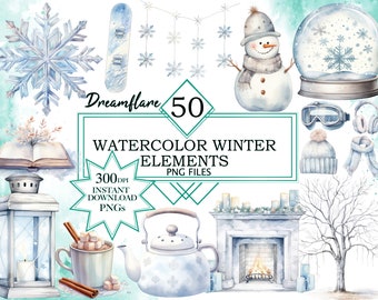 50 Watercolor Winter Elements Clipart, Winter Season PNG, Snow Winter Clipart, White Christmas Clipart, Cozy Winter Clipart, Commercial Use