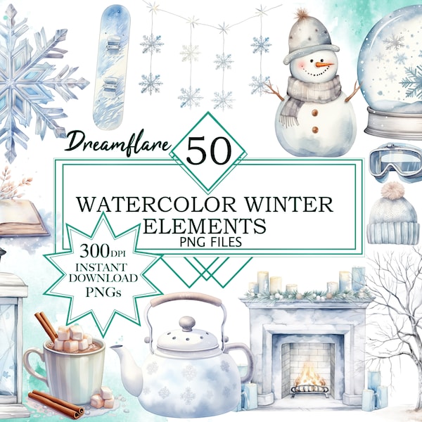 50 Watercolor Winter Elements Clipart, Winter Season PNG, Snow Winter Clipart, White Christmas Clipart, Cozy Winter Clipart, Commercial Use