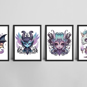May include: Four framed illustrations of fantasy creatures. The first is a purple bat-like creature with wings. The second is a blue demon with wings. The third is a purple and green demon with horns. The fourth is a green and purple skeletal unicorn.