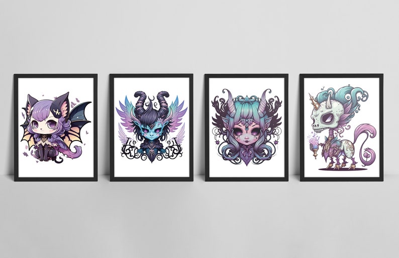 May include: Four framed illustrations of fantasy creatures. The first is a purple bat-like creature with wings. The second is a blue demon with wings. The third is a purple and green demon with horns. The fourth is a green and purple skeletal unicorn.
