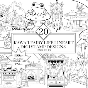 Kawaii Fairy Life Lineart PNG Bundle, Kawaii Fairy Digital Stamp, Lineart Clipart, Fantasy Clipart, Digital Printable File, Commercial Use