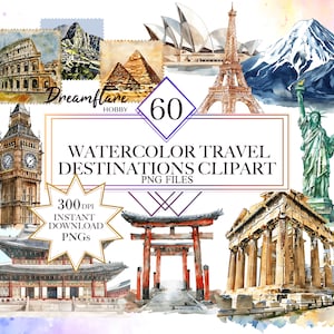 Paquete de imágenes prediseñadas de destinos de viaje de acuarela, vacaciones de verano, imágenes prediseñadas de vacaciones, puntos de referencia PNG, PNG de viaje, archivos imprimibles digitales