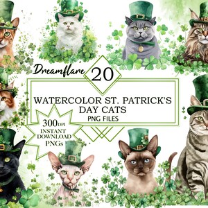 May include: A set of 20 watercolor illustrations of cats wearing green shamrock hats. The cats are in various poses and have different fur colors and patterns. The illustrations are perfect for St. Patrick's Day crafts and projects.