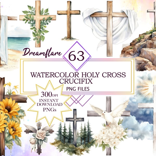 Watercolor Holy Cross Crucifix Clipart, Christian PNG, Catholic Clipart, Religious PNG, Easter, Baptism, First Communion, Commercial Use