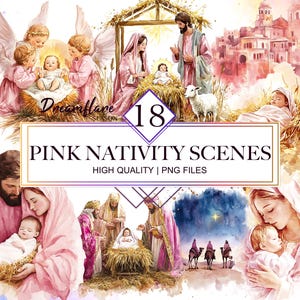 Op de afbeelding: Een set van 18 roze aquarel illustraties die verschillende scènes uit het kerstverhaal voorstellen. De illustraties tonen engelen, herders, de Heilige Familie en het kindje Jezus. De tekst "18 ROZE KERSTSCÈNES" staat op een paarse banner.
