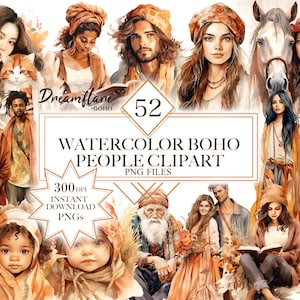 Watercolor Boho People Clipart Bundle, Bohemian Woman PNG, Bohemian Men Clipart, Bohemian Girls Clipart, Bohemian Kids PNG, Commercial Use