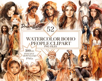 Watercolor Boho People Clipart Bundle, Bohemian Woman PNG, Bohemian Men Clipart, Bohemian Girls Clipart, Bohemian Kids PNG, Commercial Use