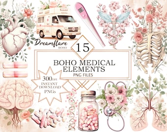Opieka zdrowotna medyczne cliparty PNG, pielęgniarka clipart, lekarz clipart, kwiatowa akwarela medyczna clipart, cyfrowy plik do druku, użytek komercyjny
