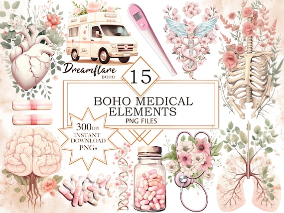 Healthcare Medical Clipart PNG, Nurse Clipart, Doctor Clipart, Floral Watercolor Medical Clipart, Digital Printable File, Commercial Use