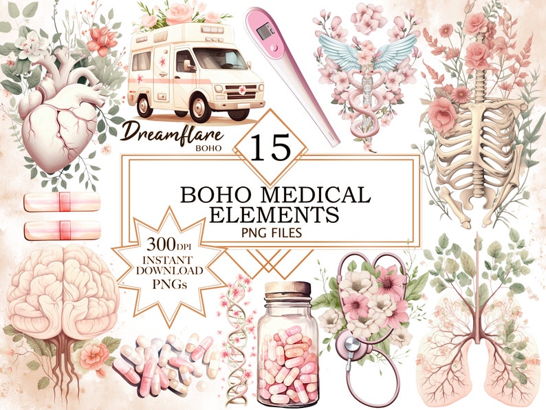May include: A set of 15 digital illustrations featuring medical elements in a boho style. The illustrations include a heart, brain, lungs, skeleton, pills, a stethoscope, a jar of pills, a DNA strand, a thermometer, and a vintage ambulance. The illustrations are in a watercolour style with pink, white, and green colours.