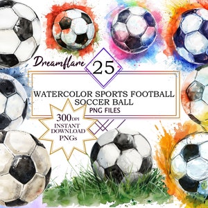 Könnte beinhalten: Set mit 25 Aquarell-Fußbällen in verschiedenen Blautönen, Grün-, Rot-, Gelb- und Orangetönen. Die Fußbälle sind mit weißen Streifen bemalt und haben ein realistisches Aussehen. Der Text "Dreamflare 25 Watercolor Sports Football Soccer Ball PNG Files 300 DPI Instant Download PNGs" befindet sich auf dem Bild.