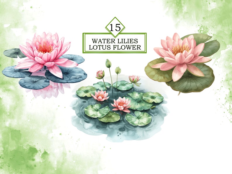 Aquarela Nenúfares Flor De Lótus Clipart Pacote PNG, Lírio De Água Clipart, Flor De Lótus PNG, Primavera, Arquivo De Download Digital, Uso Comercial imagem 3