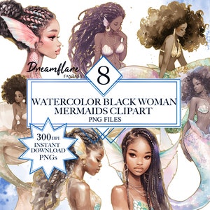 Pacchetto Clipart sirena acquerello, PNG sirena, principessa sirena, sirena afroamericana, file stampabili digitali, uso commerciale