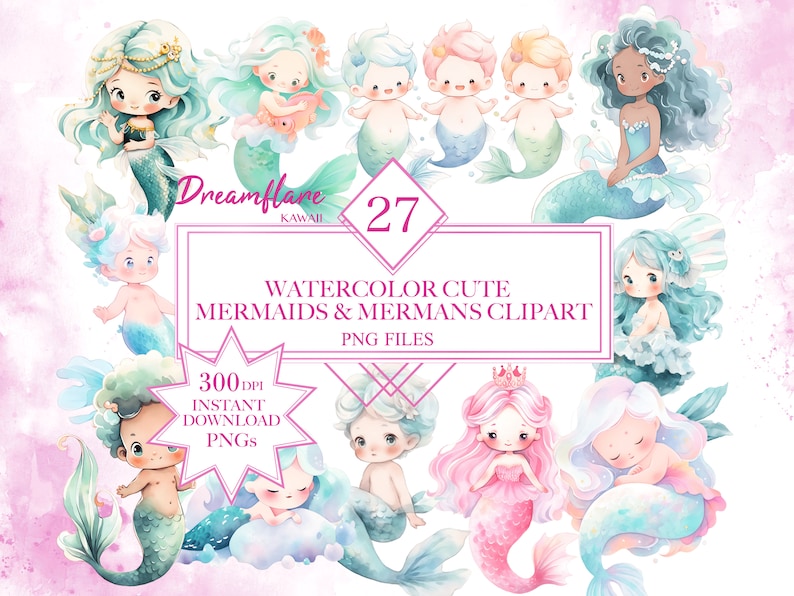 Watercolor Cute Mermaids Clipart Bundle, Mermaid PNG, Merman PNG ...