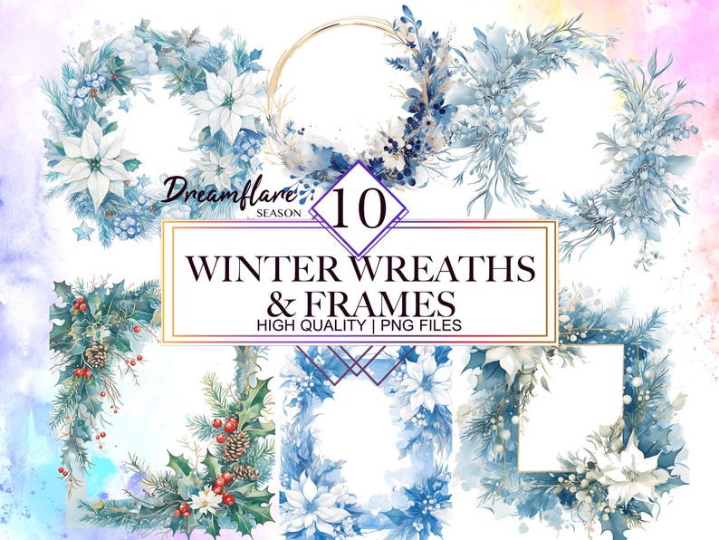Watercolor Winter Wreaths & Frames PNG Bundle, Winter Flowers PNG ...