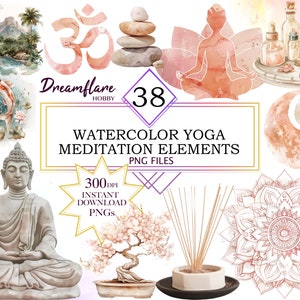38 Watercolor Yoga Lover Clipart PNG Bundle, Meditation Clip Art, Self Care PNG, Relaxation, Fitness Digital Download File, Commercial Use