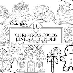 Christmas Foods Line Art PNG & SVG Bundle, Christmas Digital Stamp, Christmas SVG, Card Making, Printable Digi Stamp, Commercial Use