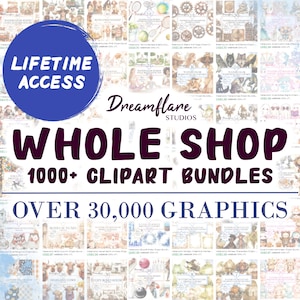 Könnte beinhalten: Eine Collage aus über 1.000 Clipart-Paketen mit einer Vielzahl von Illustrationen und Grafiken. Der Text "Lebenslange Nutzung" ist in einem blauen Kreis dargestellt, und der Text "Gesamter Shop 1.000+ Clipart-Pakete Über 30.000 Grafiken" ist in schwarzer Schrift auf weißem Hintergrund dargestellt.